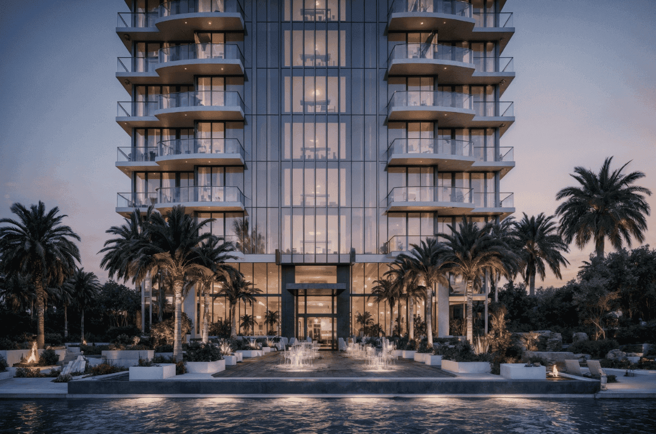 Modern Building Exterior with Water Feature
