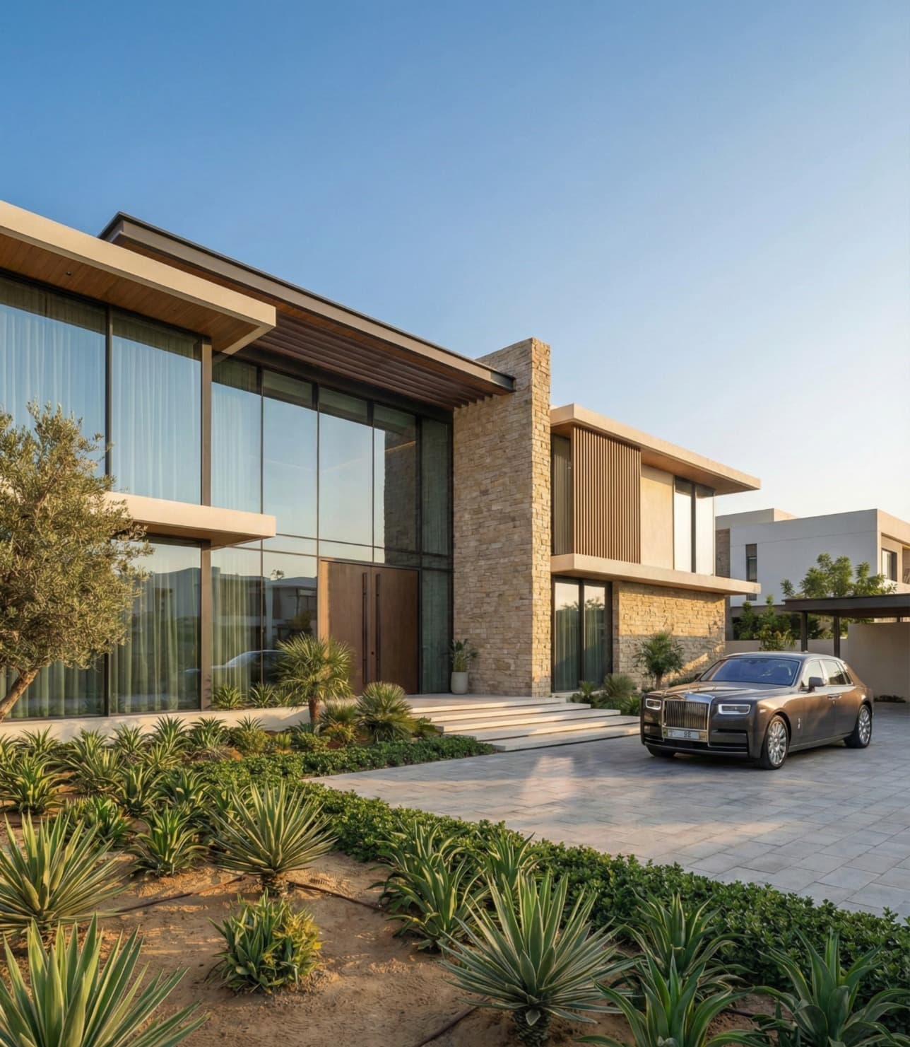 Luxury Glass Villa with Desert-Inspired Landscaping